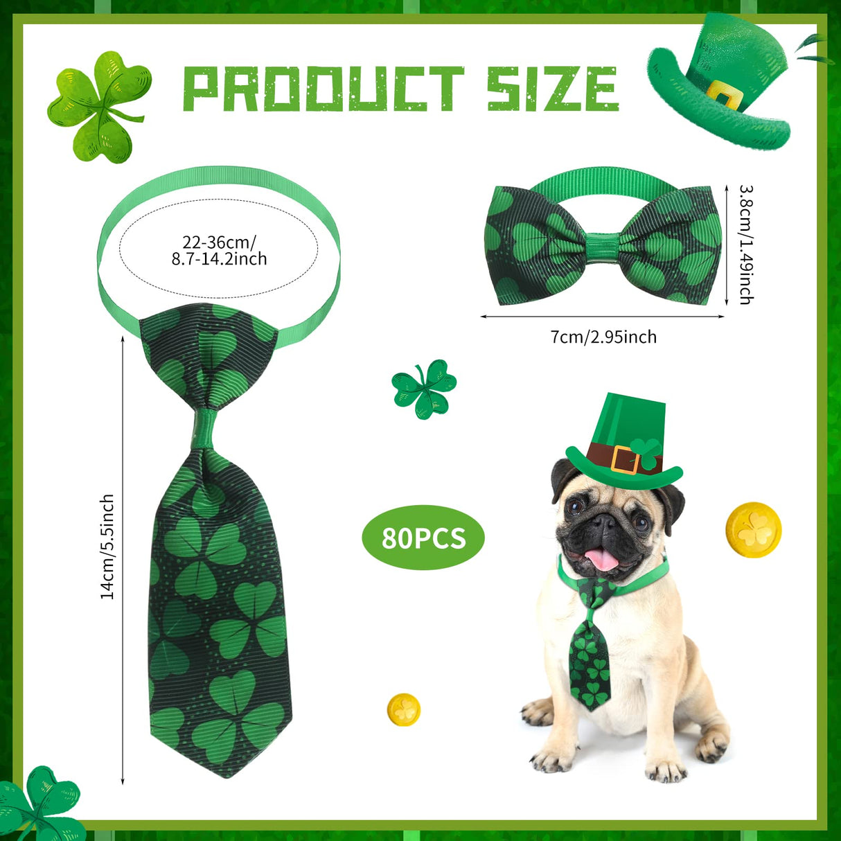 Reginary 80 Pieces St Patricks Day and Easter Dog Bow Tie Collar Set Include 40 Dog Neckties and 40 Pet Collar St. Patrick's Day and Easter Adjustable Pet Grooming Accessories for Small Medium Cat