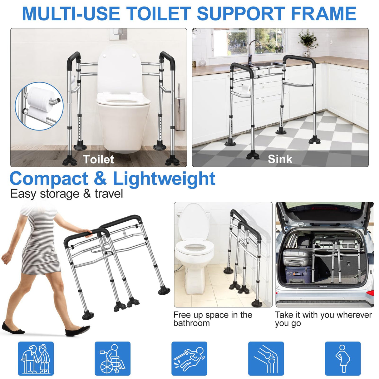 UGarden Upgraded Toilet Safety Rail, Stainless Steel Toilet Rail, 350LBS Toilet Rails for Seniors, Adjustable & Detachable Safety Frame for Toilet, Toilet Frame for Elderly Adults - Fits Most Toilets
