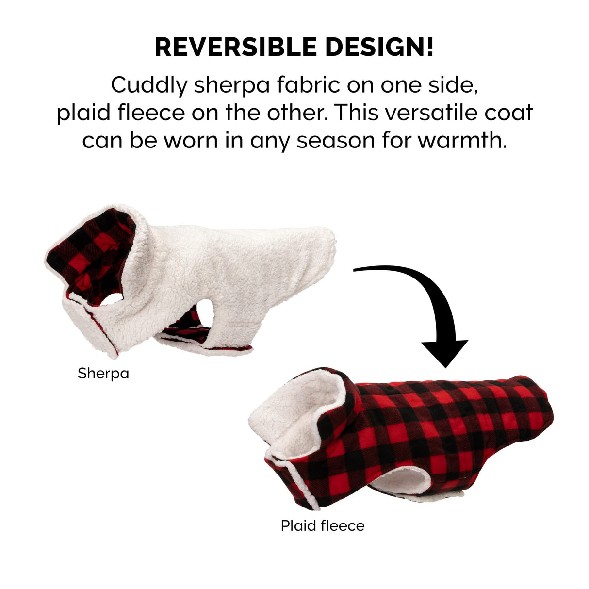 Furhaven Reversible XL Dog Coat, Washable & Insulating w/ Leash Access - Sherpa & Plaid Fleece Flex-Fit Jacket - Cream/Red, Extra Large