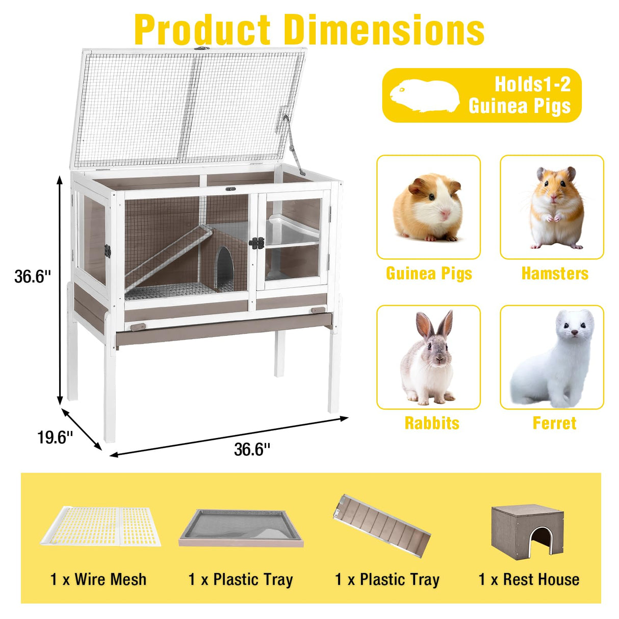 Aivituvin 2-Story Indoor Rabbit Hutch Guinea Pig Cage with Stand, Wooden Bunny Cage Small Animal Cages with Chew-Proof Ramp, Pull-Out Tray & Leakproof PVC Layer (Brown)