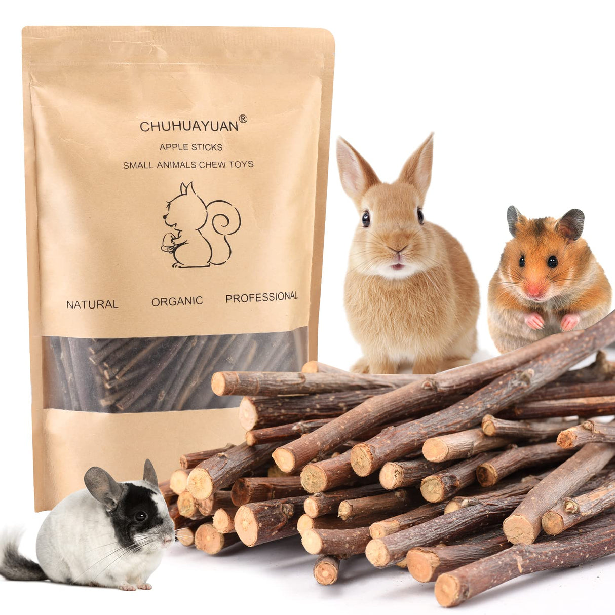 CHUHUAYUAN Natural Apple Sticks, 500g Treats Food for Small Animals, Chew Toys for Chinchilla Guinea Pigs Rabbit Squirrel Hamster Bunny