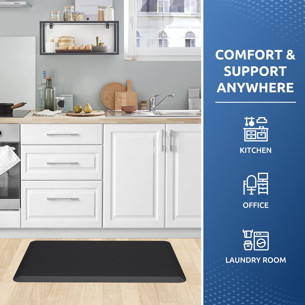Kitchen Mat Cushioned Anti Fatigue Rug 17.3"x28" Water Resistant, Non Slip, Standing and Comfort Desk/Floor Mats for House Sink Office (Black)