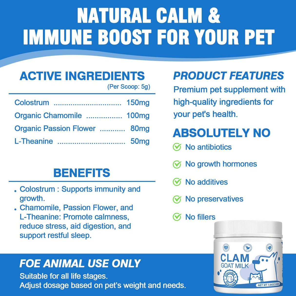 Olassubd Goat Milk Powder Cat & Dog Calming Pet Goats Milk Calm Treats Anxiety Relief Contains GABA Designed for Pets with Anxiety Stress and Hyperactivity Supports Immune Skin and Bone Health