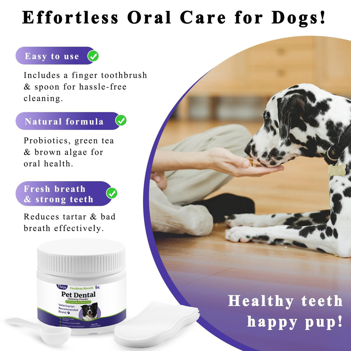 TTsiya Dog Teeth Cleaning Powder, Pet Dental Powder -Dental Care, Dogs Breath Freshener with Probiotics for Tartar & Reduces Plaque & Bad Breath Teeth Cleaning for Small, Medium, Large Dogs 100g