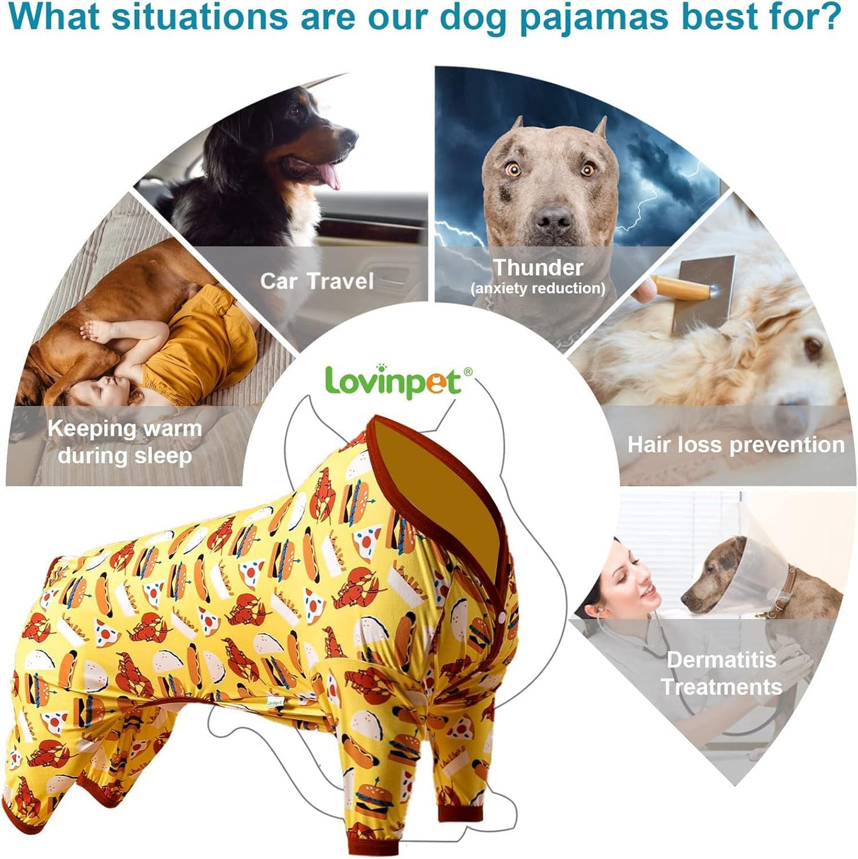 LovinPet Dog PJS Onesies for Giant Dogs, Post Surgery Shirt Dog, UV Protection, Yellow Hamburger Print, Lightweight Pullover Pet Pajamas, Pitbull Onesie, Pajamas for Pitbulls, Onesies for Dogs,2XL