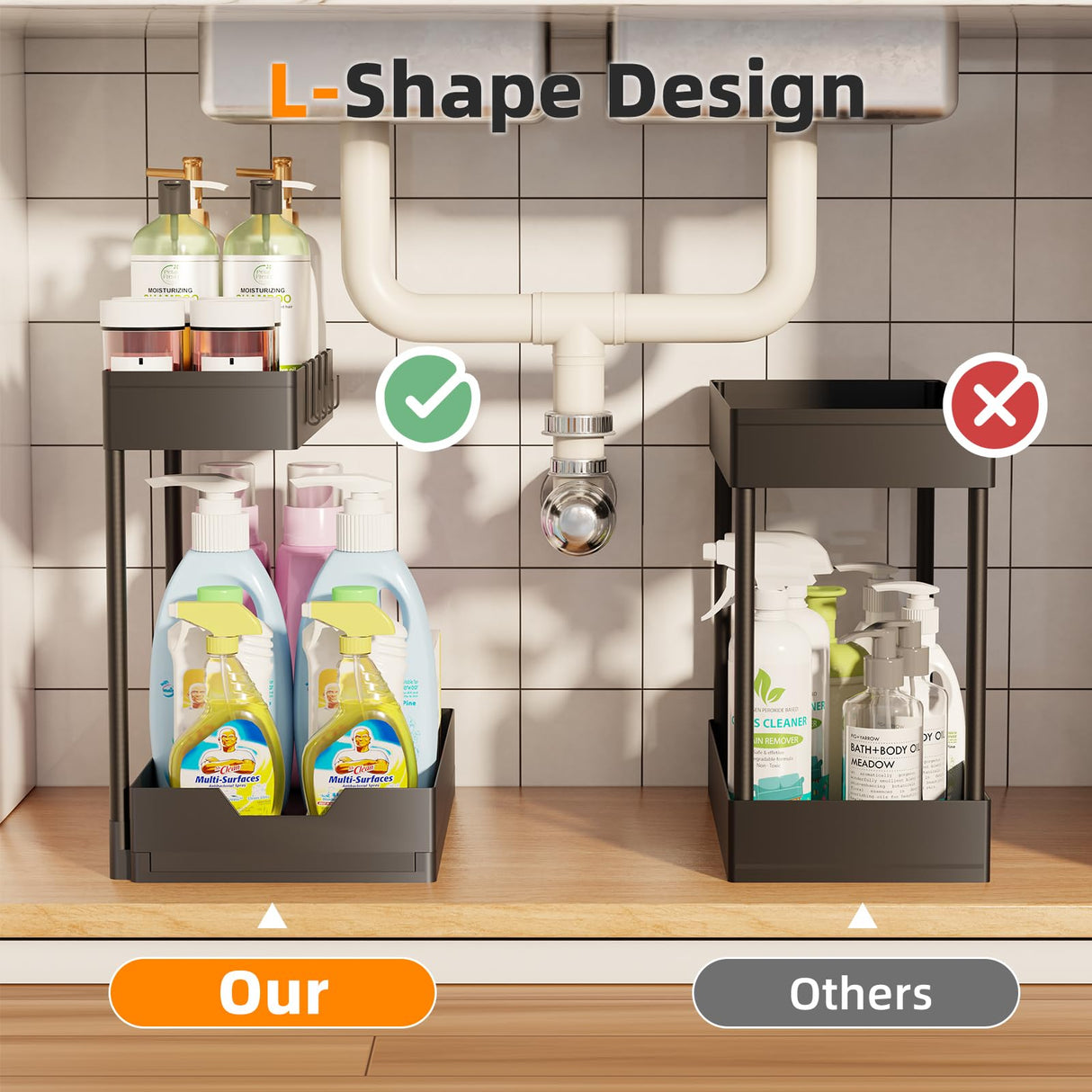 Under Sink Organizer 2 Pack, 2 Tier Cabinet Organizer with Sliding Basket, Multi-Purpose Sink Storage Basket with 4 Hooks for Kitchen Bathroom, Black