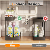 Under Sink Organizer 2 Pack, 2 Tier Cabinet Organizer with Sliding Basket, Multi-Purpose Sink Storage Basket with 4 Hooks for Kitchen Bathroom, Black