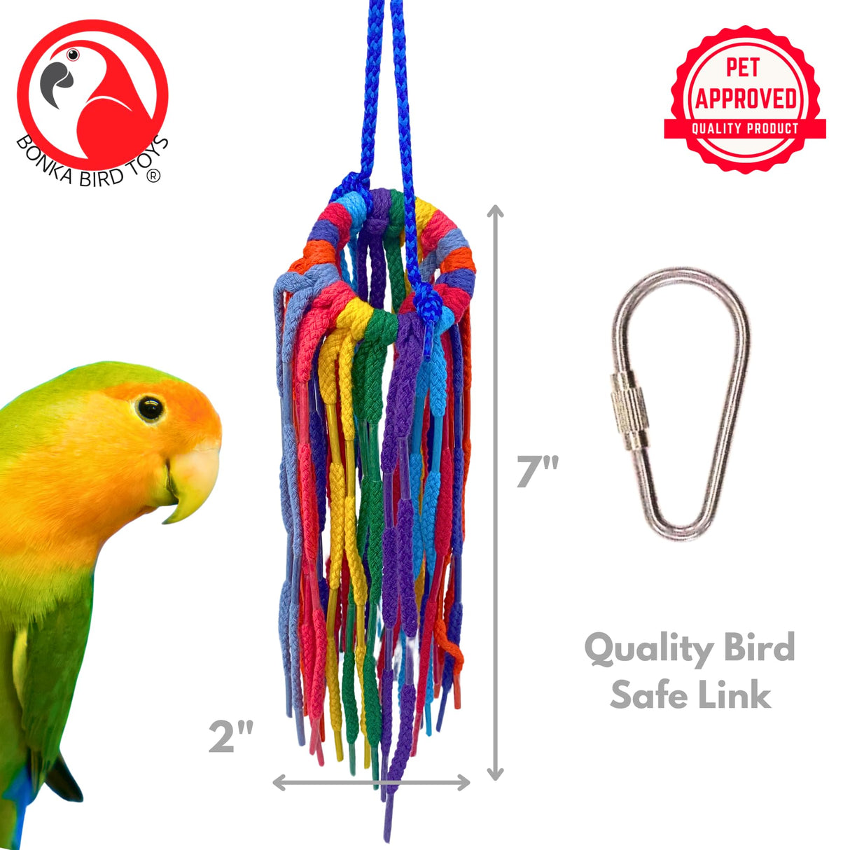Bonka Bird Toys 51214 Small Aglet Heaven Cotton Shoelace Toy with Plastic Aglets and 2" Ring for Parakeets Cockatiels Quakers Pionus Small Bird Enrichment