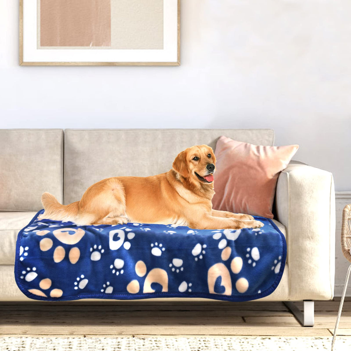 AHOOCUSTOM Dog Blanket, Soft Fleece Dog Blankets for Extra Large Dogs, Fluffy Flannel Pet Cat Puppy Blanket Mat Cover for Bed Couch, Cute Paw Print Throw Blanket for Dogs, Blue 80"X60"
