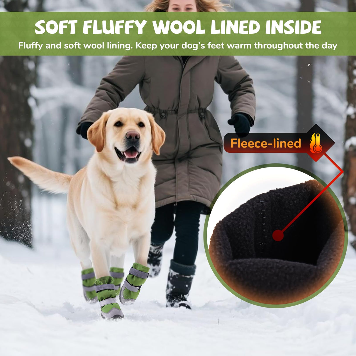 Winter Dog Snow Boots with Fleece Lining, Dog Shoes for Medium Large Size Dogs, Waterproof Dog Booties and Paw Protectors, Anti-Slip & Reflective Dog Shoes for Snow Outdoor, Hiking (Green-Size 3)