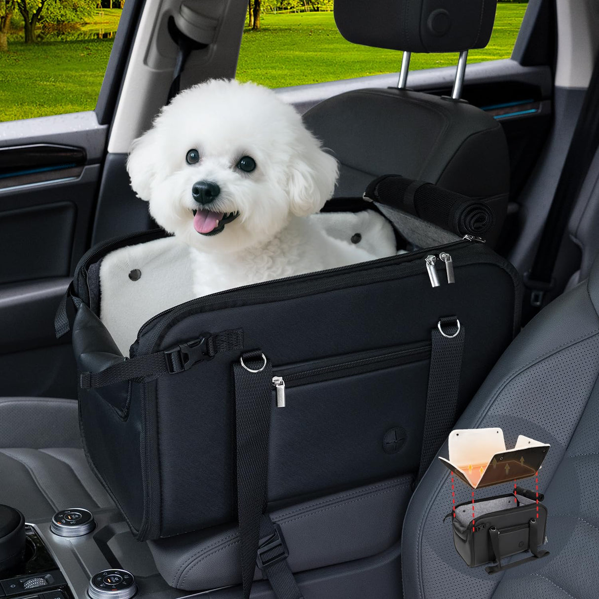 YUDODO 10-18lbs Large Console Dog Car Seat (Width＞9in) Fits Truck & SUV, Luxury Puppy Cat Travel Portable Booster Seat with Removable Velvet Cushion, Anti-Slip Pet Car Bed Carseat PU Leather Black