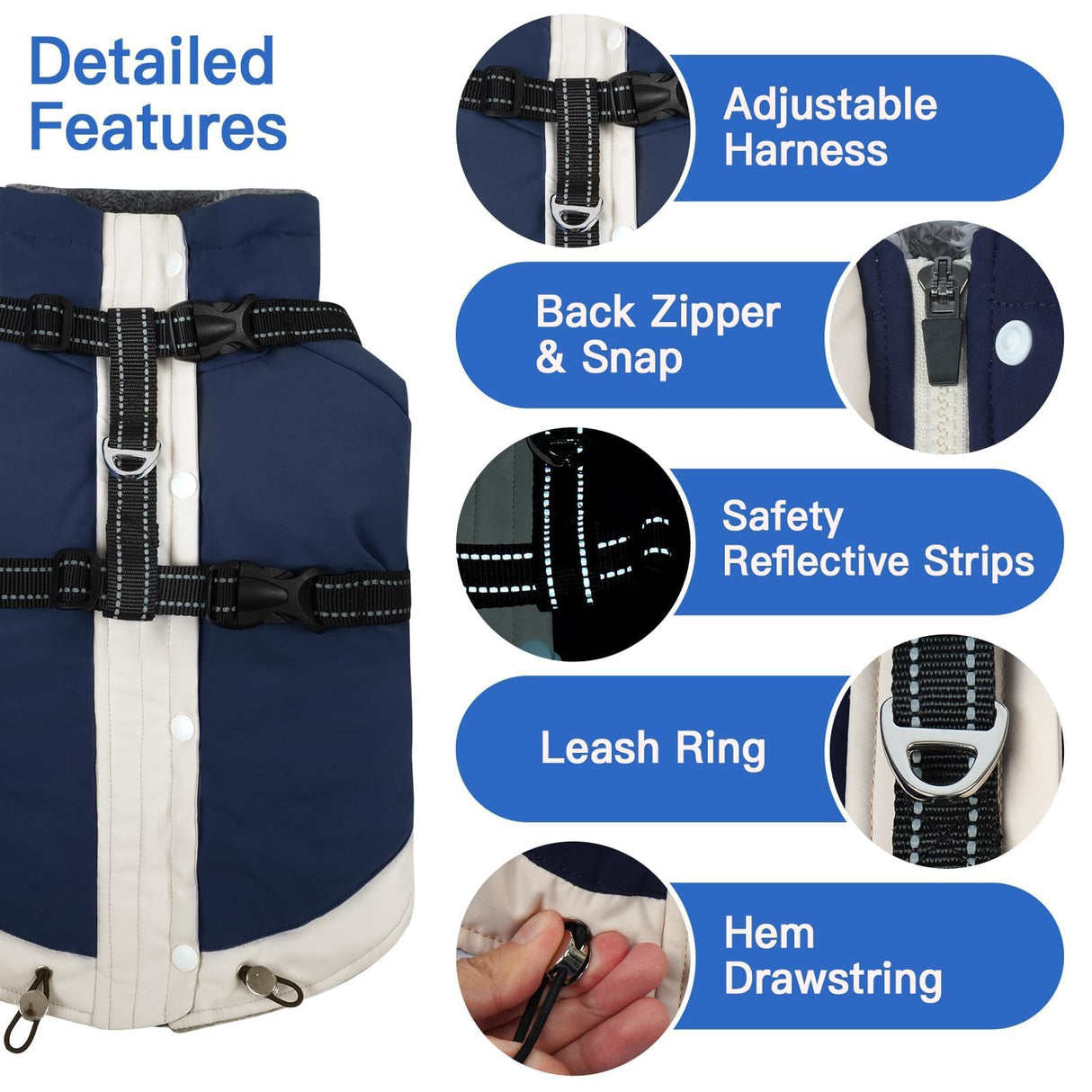 XL Winter Coat for Medium Dogs,Reflective Harness Built in | Turtleneck Dog Snowsuit with Sleeves for Snow Day Keep Warm,Outdoor Activities Water-Repellent & Windproof Jacket (Navy-Blue)