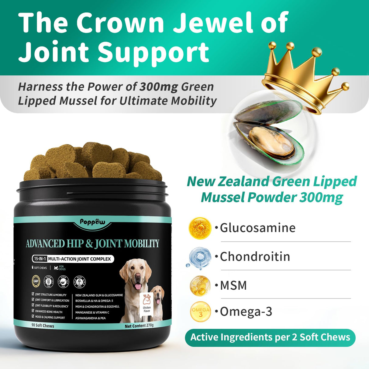 POPPAW Advanced Dog Joint Supplement – 15-in-1 Glucosamine for Dogs with Chondroitin, MSM & Green Lipped Mussel – Hip & Joint Pain Relief Mobility Chews, Chicken Flavor, 90Ct Breeds