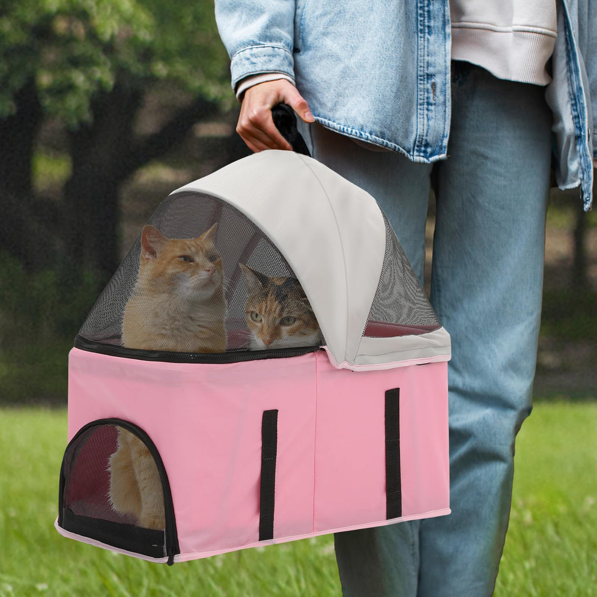 Athena Collection 4 Wheels Pet Stroller for Medium Dogs 33 Lbs Puppy Cat Pet Dog Stroller with Detachable Carrier, Cup Holder Tray, Bottom Storage, Pink
