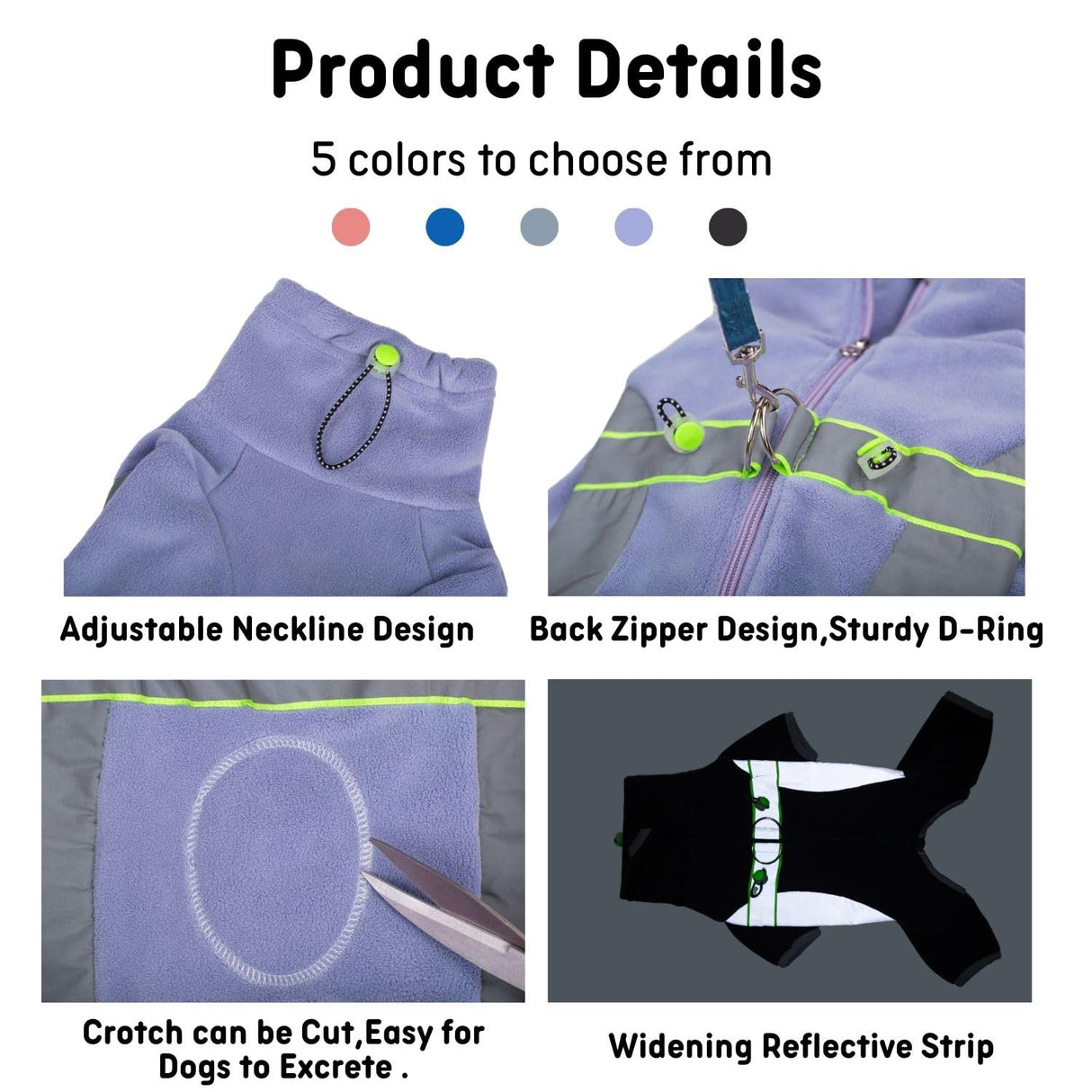 HDKUW Warm Small Dog Jumpsuit,Plush Fleece Puppy Onesie with D-Ring and Reflective Strips,Long-Sleeved Dog Cold Weather Coats for Small Medium Dogs Purple L