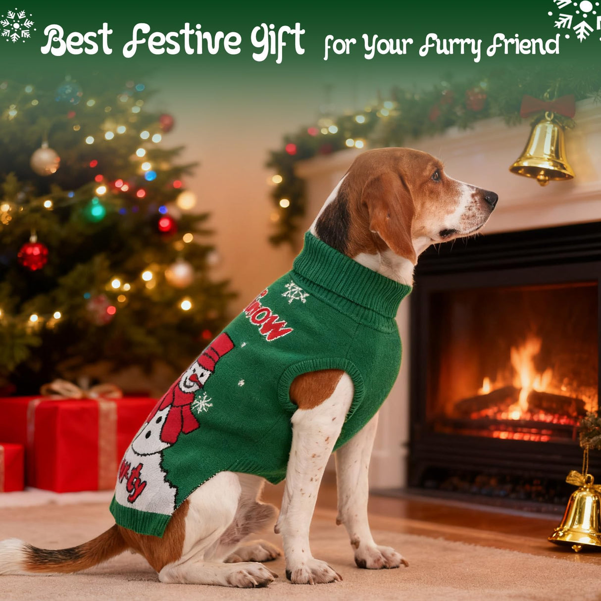 IECOii Dog Christmas Sweater, Dog Sweater for Small Dogs Girl Boy Pullover Knitwear for Holiday, Snowman & Snowflake Christmas Sweaters for Cold Weather Dog Turtleneck with Leash Hole, Green, M