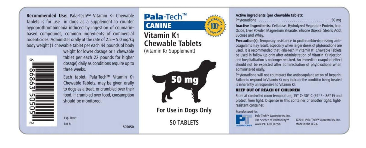 Pala-Tech Vitamin K1 Chewable Tablets for Dogs - Counters Hypoprothrombinemia - Dogs K1 Vitamin Supplement with Roast Beef & Liver Flavor - 50 mg, 50 Tablets