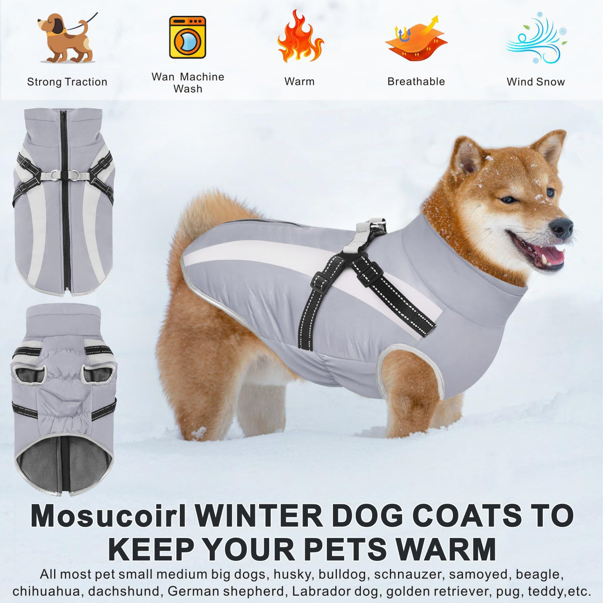 Mosucoirl Warm Dog Coats Vest, Waterproof Dogs Jacket Reflective Fleece Pet Winter Cold Weather Coat Dogs Clothes Cozy Snow Jackets Outfits for Small Medium Large Dogs Puppy