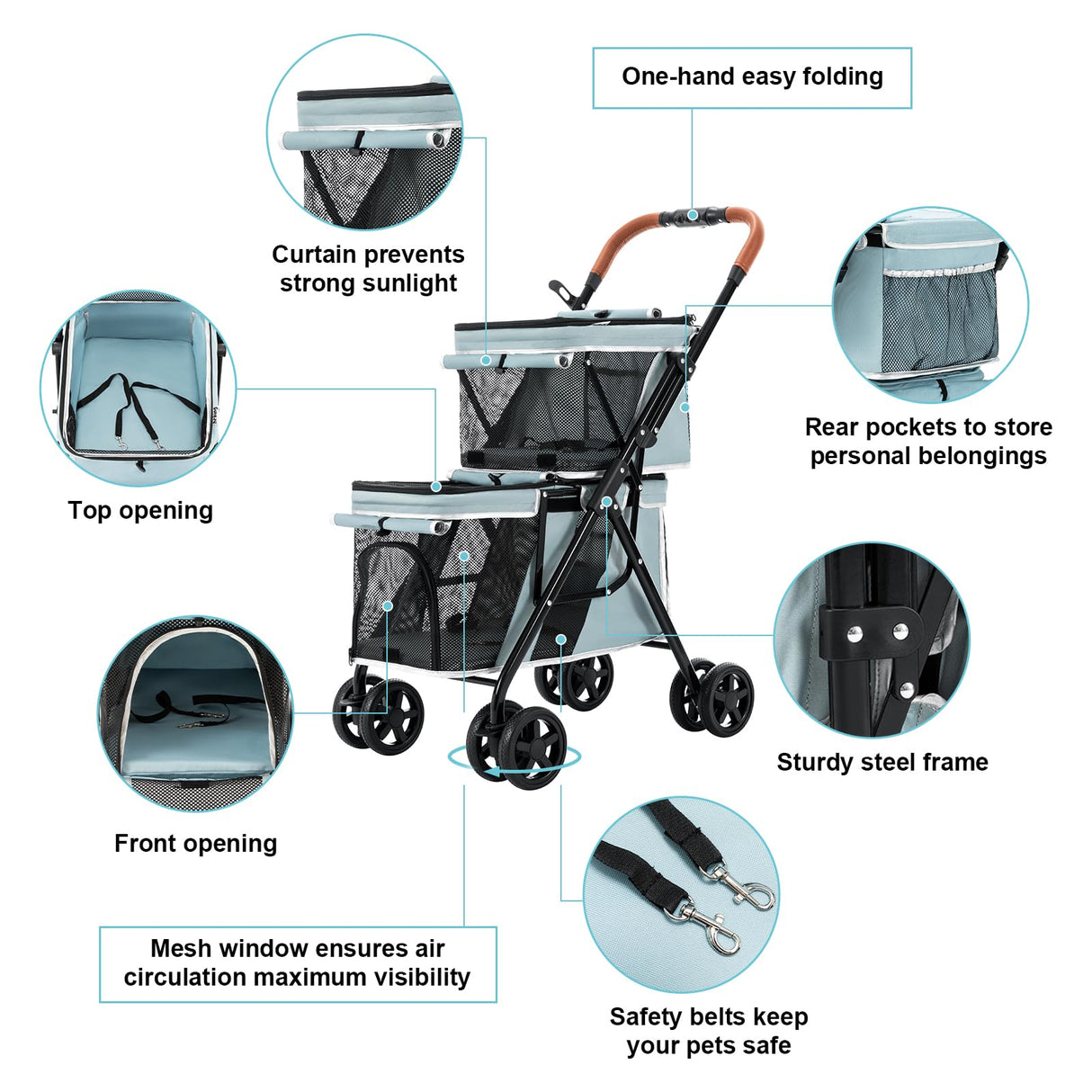 LPOTIUS Double Pet Stroller for Dogs and Cats, One-Hand Folding Dog Stroller Travel Carriage for Small Medium Dogs Cats, 4 Wheels, Blue