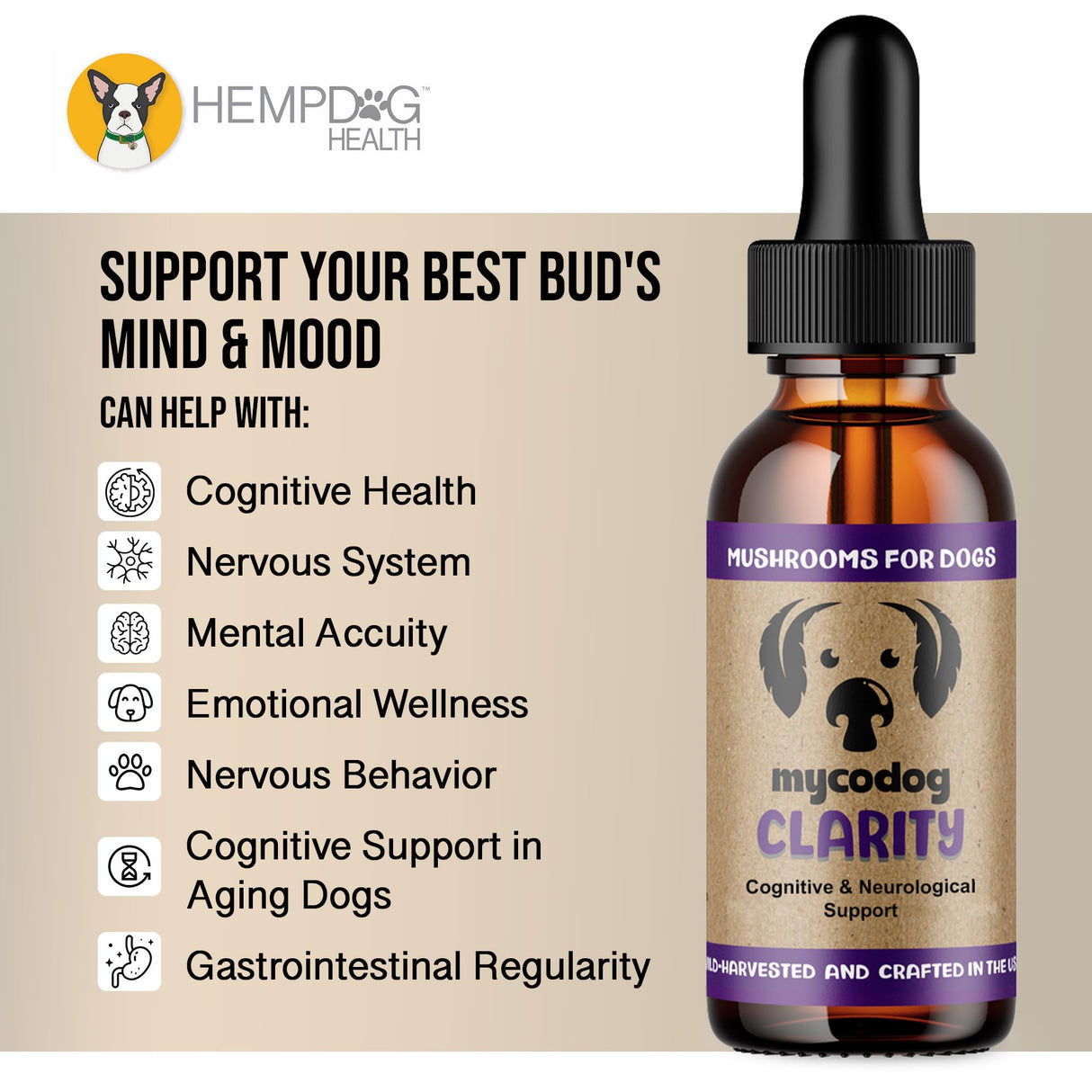MycoDog Clarity - Cognitive Support Supplement for Dogs - Brain Health, & Senior Dog Wellness - Memory & Focus with Functional Mushrooms & Adaptogens