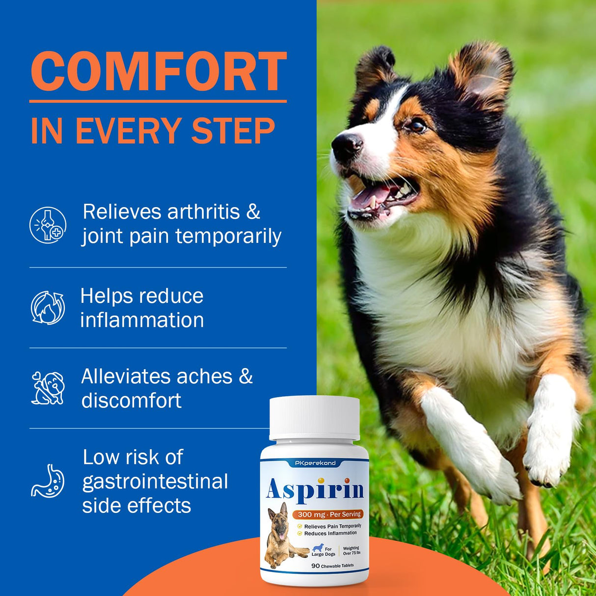 Dog Aspirin for Large Dogs, Low Gastrointestinal Irritation, Dog Joint Support and Inflammation Relief, 300mg, Arthritis Relief for Dogs, Pain Reliever Supplement, 90 Tablets