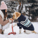 Queenmore Dog Striped Knitted Sweater, Turtleneck Pullover Pet Coat, Dog Winter Clothes with Leash Hole for Small Medium &Large Dogs(Navy Blue,S)