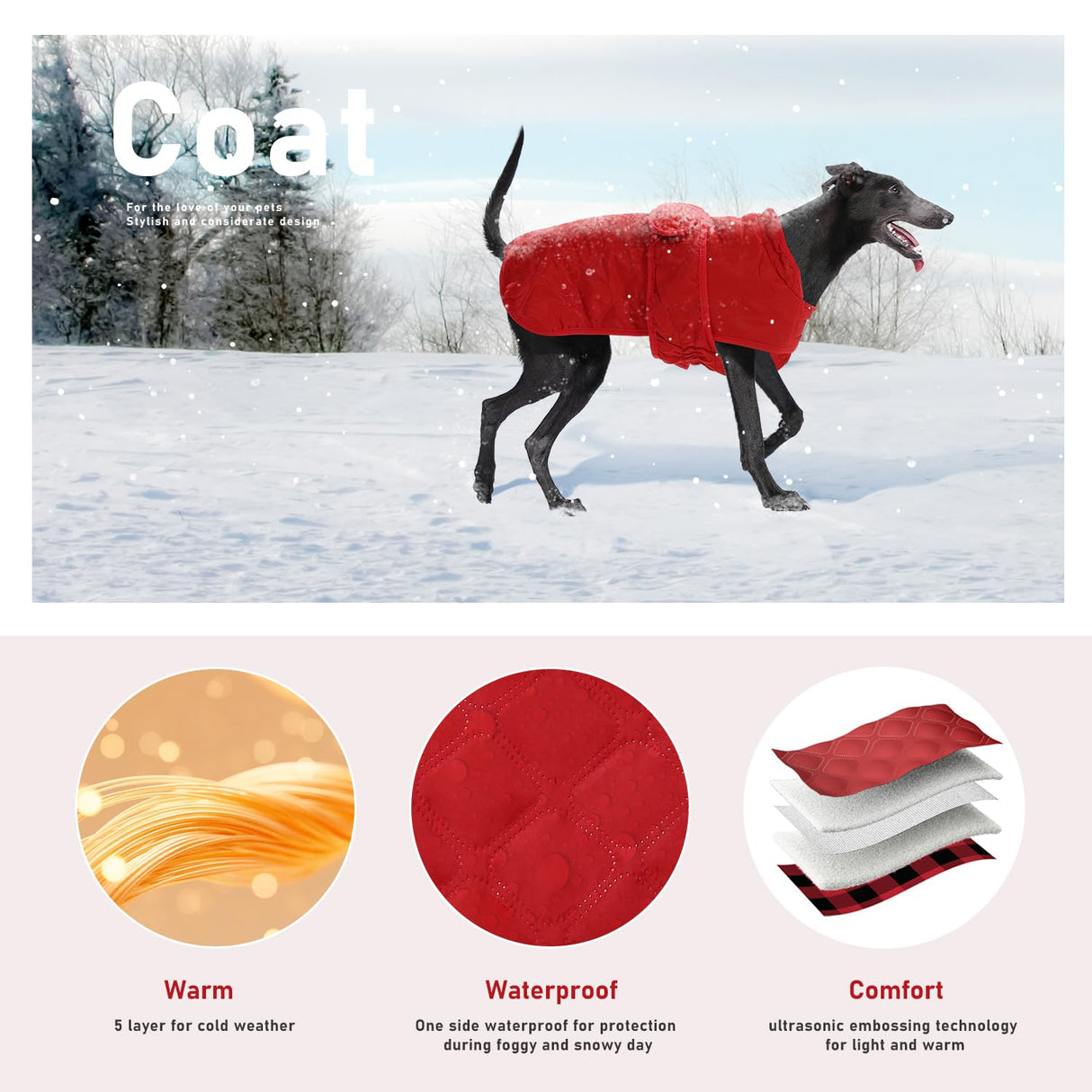 PAWZ Road Dog Winter Coat with 5 Layers Warm Material, Reversible Dog Clothes with 2 Sides, Dog Jacket Outdoor Water Repellent, (Red Plaid L)