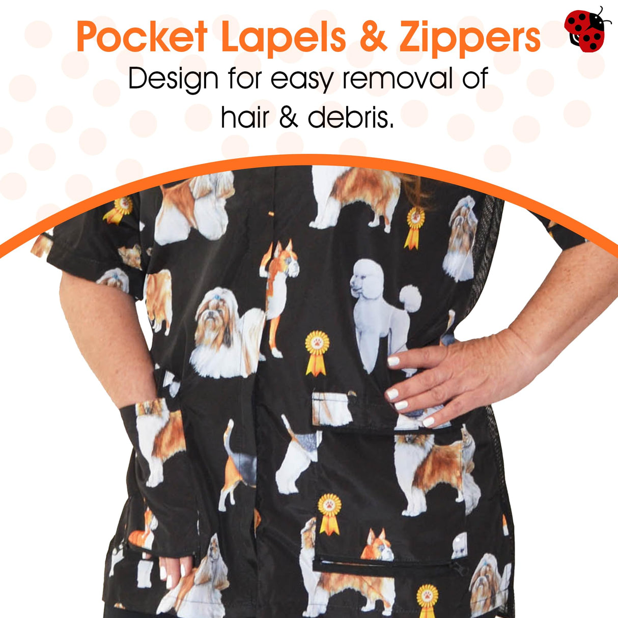 Ladybird Line 803 Water Resistant Dog Groups Stylist Grooming Smock, Hair and Bleach Resistant with Covered Zipper Panel, Mesh Back and Back Tie Belt, Ideal for Pet Groomers and Vet Clinics - Medium