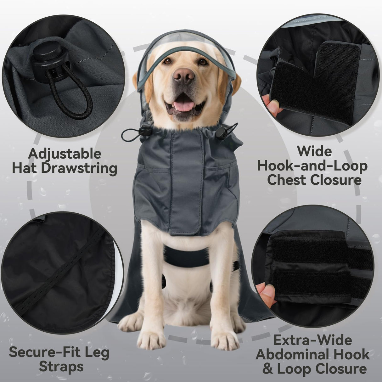 Dora Bridal Dog Raincoat for Large Dogs, Adjustable Clear Hooded Dog Rain Jacket, Waterproof Dogs Rain Coat Poncho with Reflective Strips for Labrador, Golden Retriever, German Shepherd, Grey,3XL