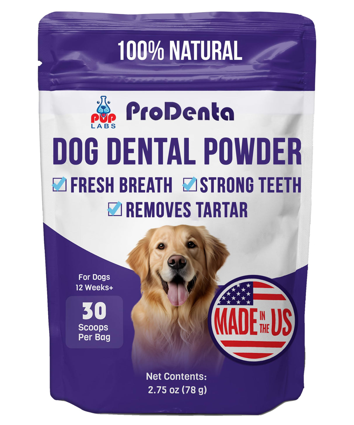Pup Labs ProDenta, All-Natural Dog Dental Powder for Teeth Cleaning, Dental Powder for Dogs Teeth with Breath Freshener. Easy to use for Tartar Removal and Leaky Gums. Made in USA, 30 Servings