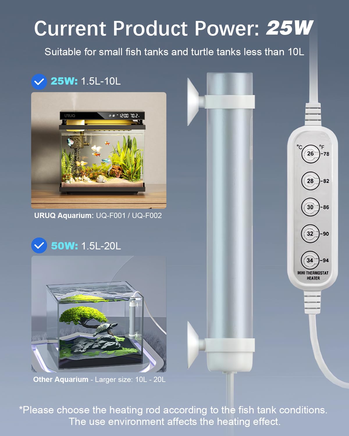 Small Aquarium Fish Tank Heater: URUQ 25W Submersible Aquarium Heater Adjustable Temperature Ultra-Low Water Level for Betta Fish Starter Kit - Under 5 Gallon Mini Aquarium