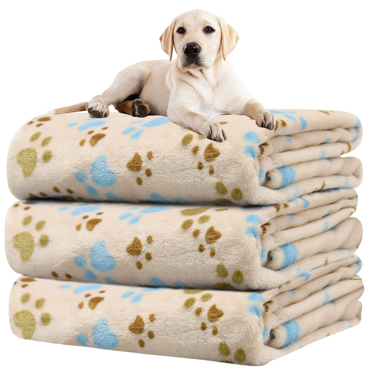 Rezutan Dog Blanket for Large Dogs, Upgraded 3 Pack Dog Cat Flannel Blankets Washable, Soft Pet Mat Throw Cover Suitable for Kennel Crate Bed, Cute Paw Pattern, Beige, 31" x 41"