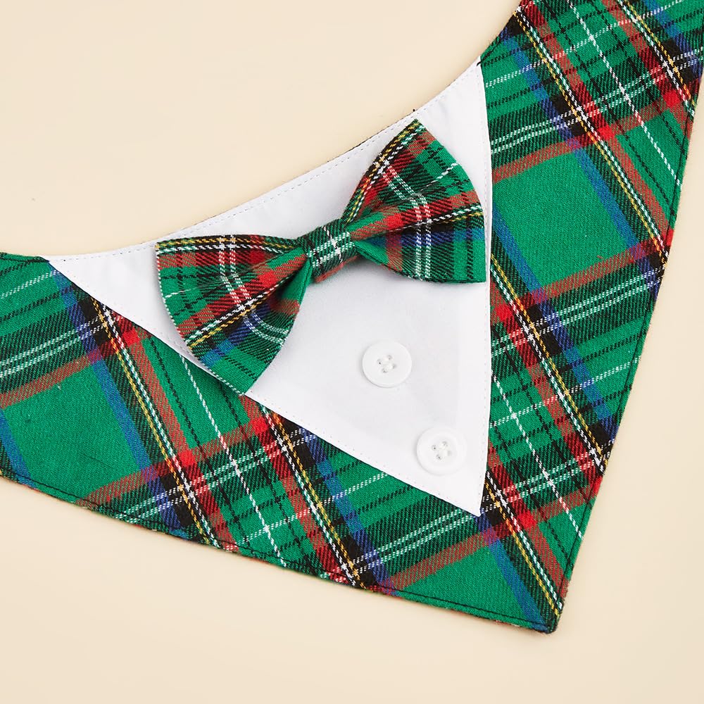 HDGDT Adjustable Green Plaid Christmas Dog Tuxedo Bandana with Bow Tie - Holiday Pet Outfit Costume for Dogs XS to XL