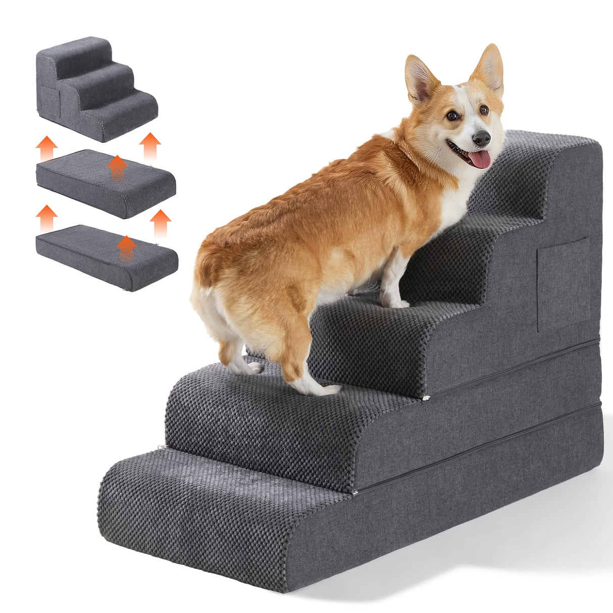 Dog Stairs for Small & Medium Dogs, 5-Step Dog Steps for Bed & Couch, High-Density Foam Pet Stairs for High Beds, Non-Slip Indoor Pet Ramp, Washable Cover, Fits Beds up to 22.6", Grey