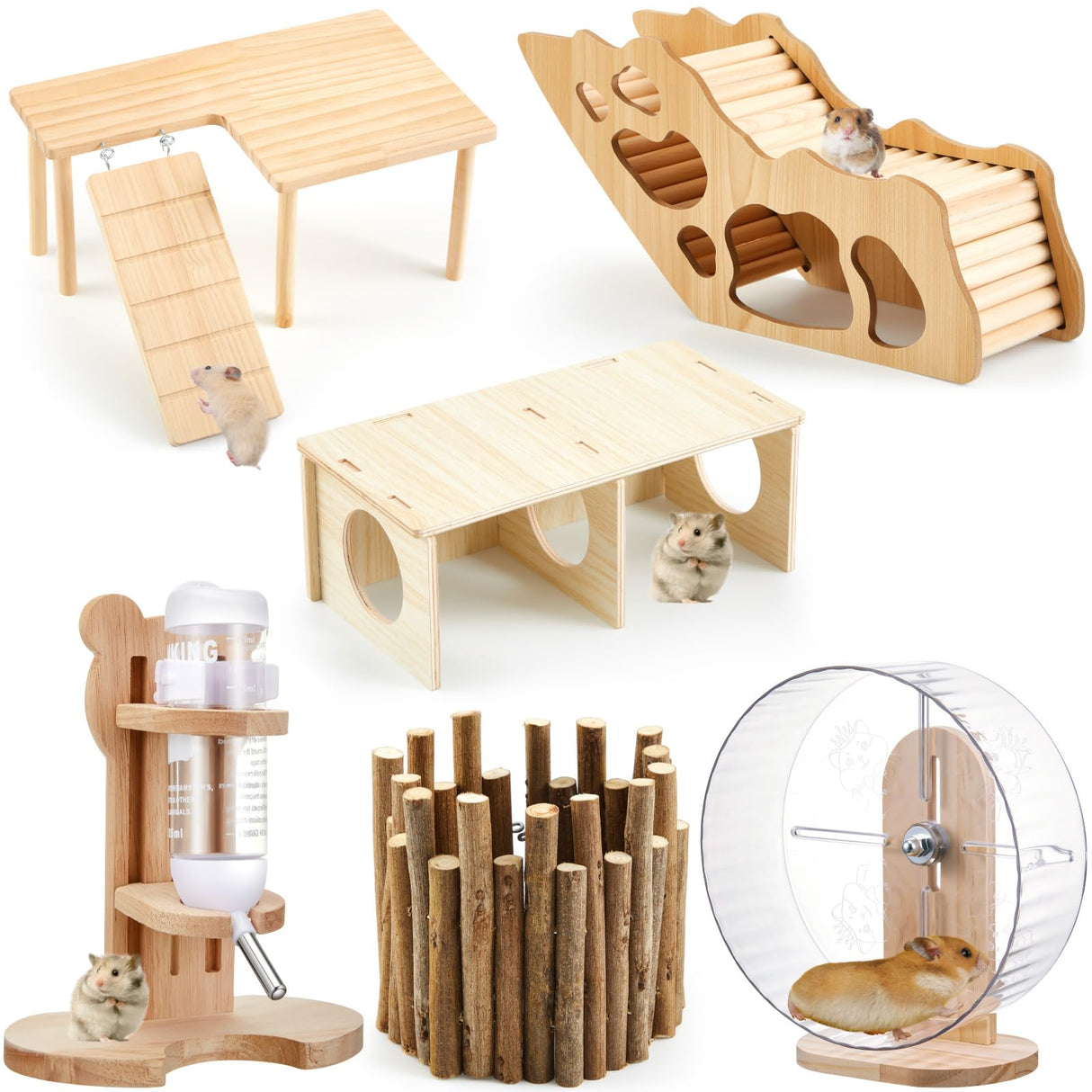 Sonwyoung 6 Pcs Hamster Toys Set, Maze Wood House, Climbing Ladder Wooden Bridge Tunnel Toy Platform Silent Exercise Running Wheels and Water Bottle Set for Rat Guinea Pig Habitat Cage(Basic)