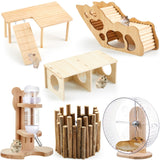 Sonwyoung 6 Pcs Hamster Toys Set, Maze Wood House, Climbing Ladder Wooden Bridge Tunnel Toy Platform Silent Exercise Running Wheels and Water Bottle Set for Rat Guinea Pig Habitat Cage(Basic)
