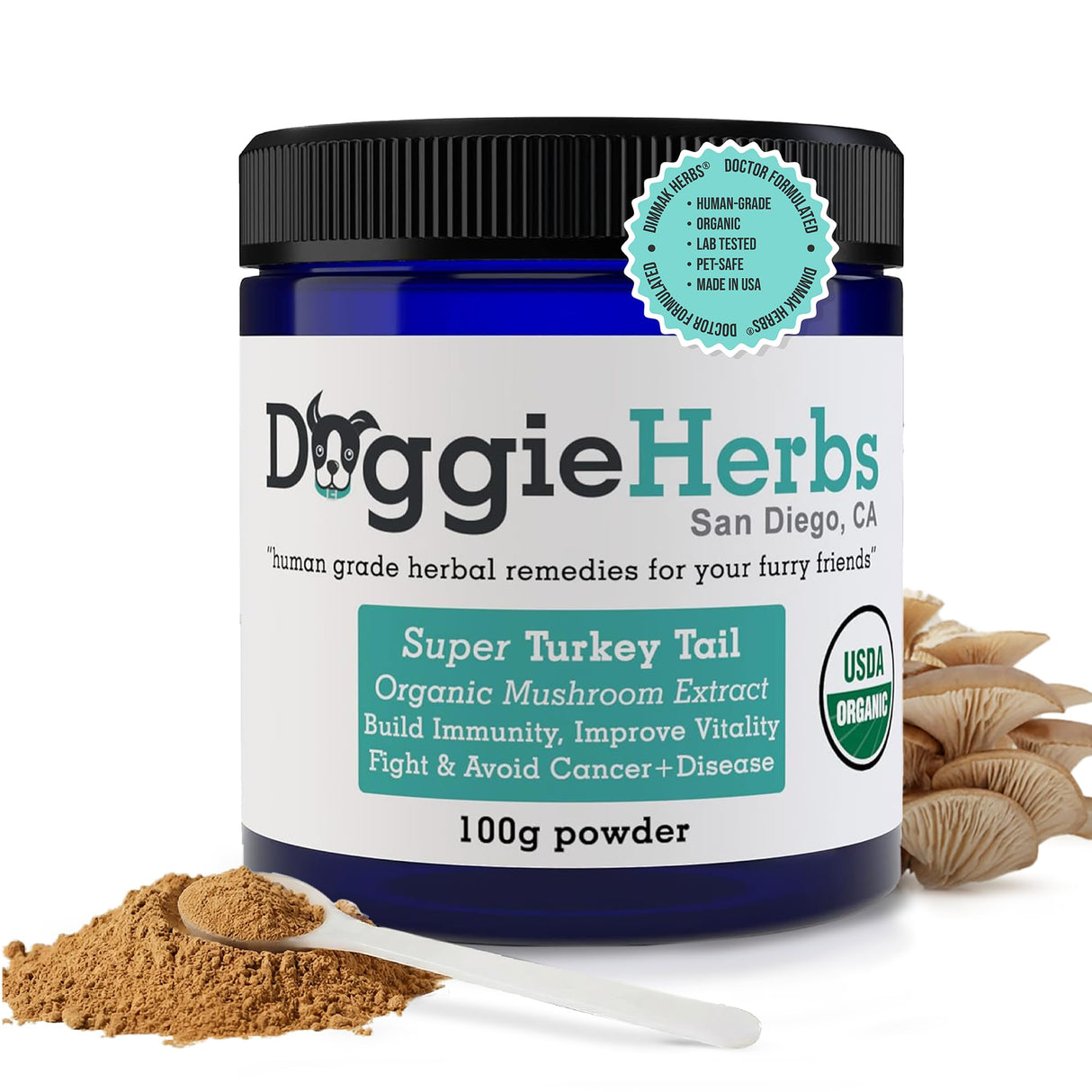 Doggie Herbs Organic Super Turkey Tail Mushroom Powder for Dogs- High Potency 550mg Beta Glucans Per Scoop- 100% Fruiting Body Extract (No Mycelium/Grain)- Immune Defense- Human Grade K9 Supplement