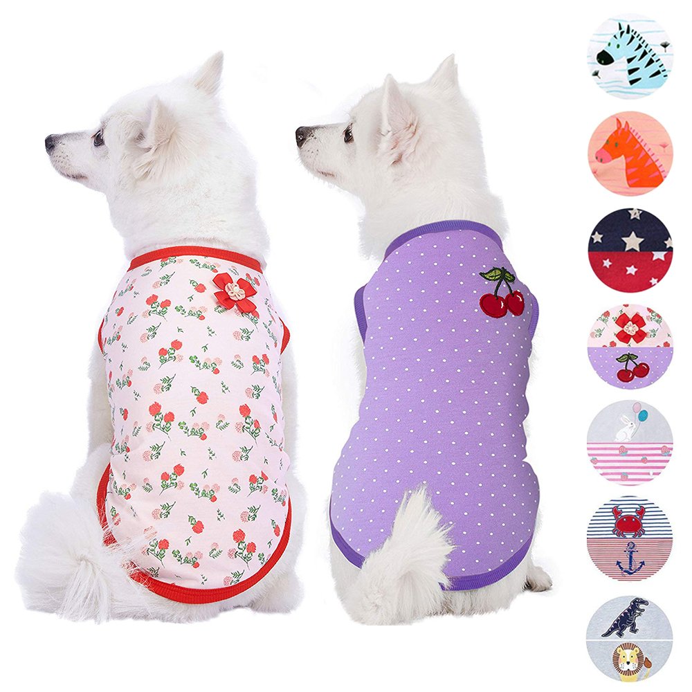 Blueberry Pet Pack of 2 Soft & Comfy Spring Hope Floral Cotton Blend Dog T Shirts Tank Top, Back Length 10", Clothes for Dogs