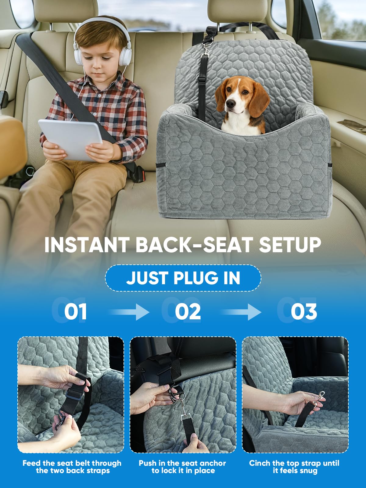 Sniffury Dog Car Seat for Small/Medium Pets, Adjustable Booster Seat with Safety Leash, Washable Cover & Storage Pockets (Up to 35 lbs, Gray)