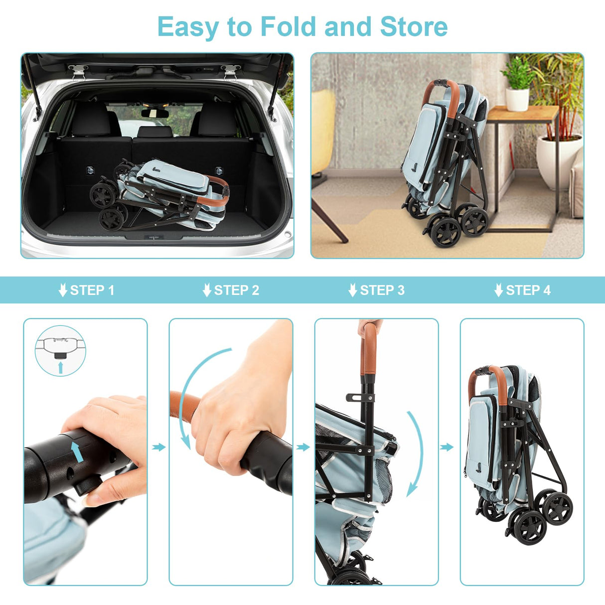 LPOTIUS Double Pet Stroller for Dogs and Cats, One-Hand Folding Dog Stroller Travel Carriage for Small Medium Dogs Cats, 4 Wheels, Blue