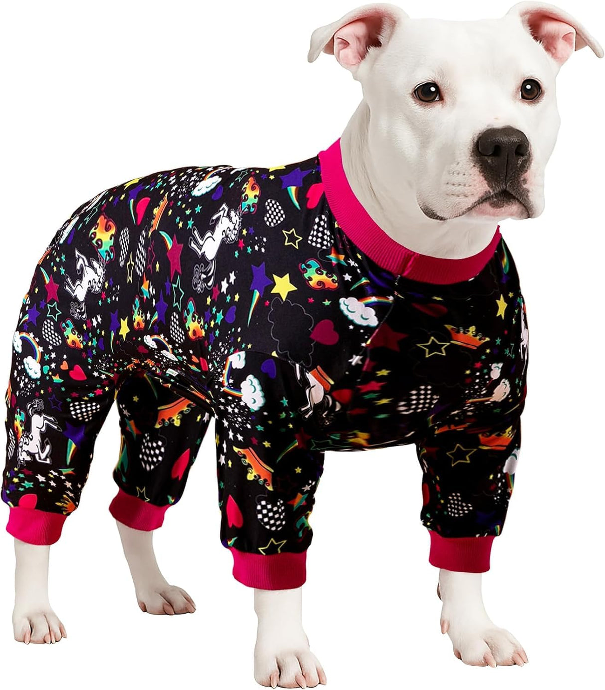 LovinPet Large Dog Pajamas Pitbull PJS: Wound Care/Post Surgery Dog Clothes, Onesies for Dogs, Unicorn Rainbows Black Print, Lightweight Stretchy Knit Pullover Pitbull Jammies, Pet PJ's/L