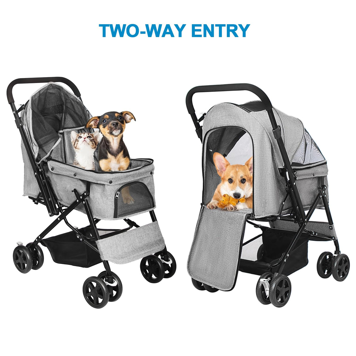 LPOTIUS Lightweight Dog Stroller with Reversible Handle for Medium Small Dogs and Cats, Foldable Pet Stroller Travel Carriage with Large Storage Basket, 4 Wheels, Linen Gray