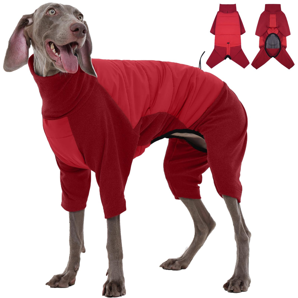 ROZKITCH Waterproof XL Dog Jacket for Winter, Dog Pajamas for Large Dogs, Pullover Fullbody Clothes Jumpsuit, Fleece Cold Weather Coats, Four-Legged Snowsuit with Leash Hole Red XL