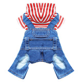 DOGGYZSTYLE Small Dog Hoodie Clothes Cute Stripe Shirts Denim Jumpsuit One-Piece Outfit for Small Medium Dogs Cats Boy Girl Chihuahua Blue Jeans Overalls Puppy Costume (Red,XL)