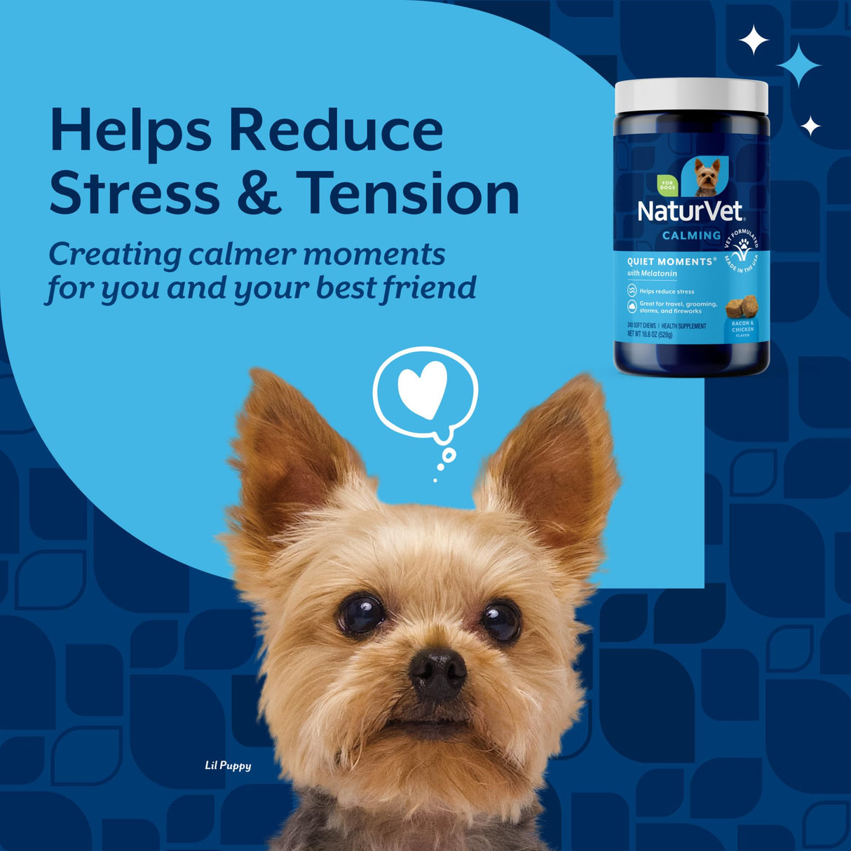 NaturVet Quiet Moments Calming Dog Supplement, Dog Soft Chews with Melatonin to Help Reduce Stress from Storms, the Vet, Fireworks, and Travel, Bacon and Chicken Flavored Pet Supplement, 240 Count Jar