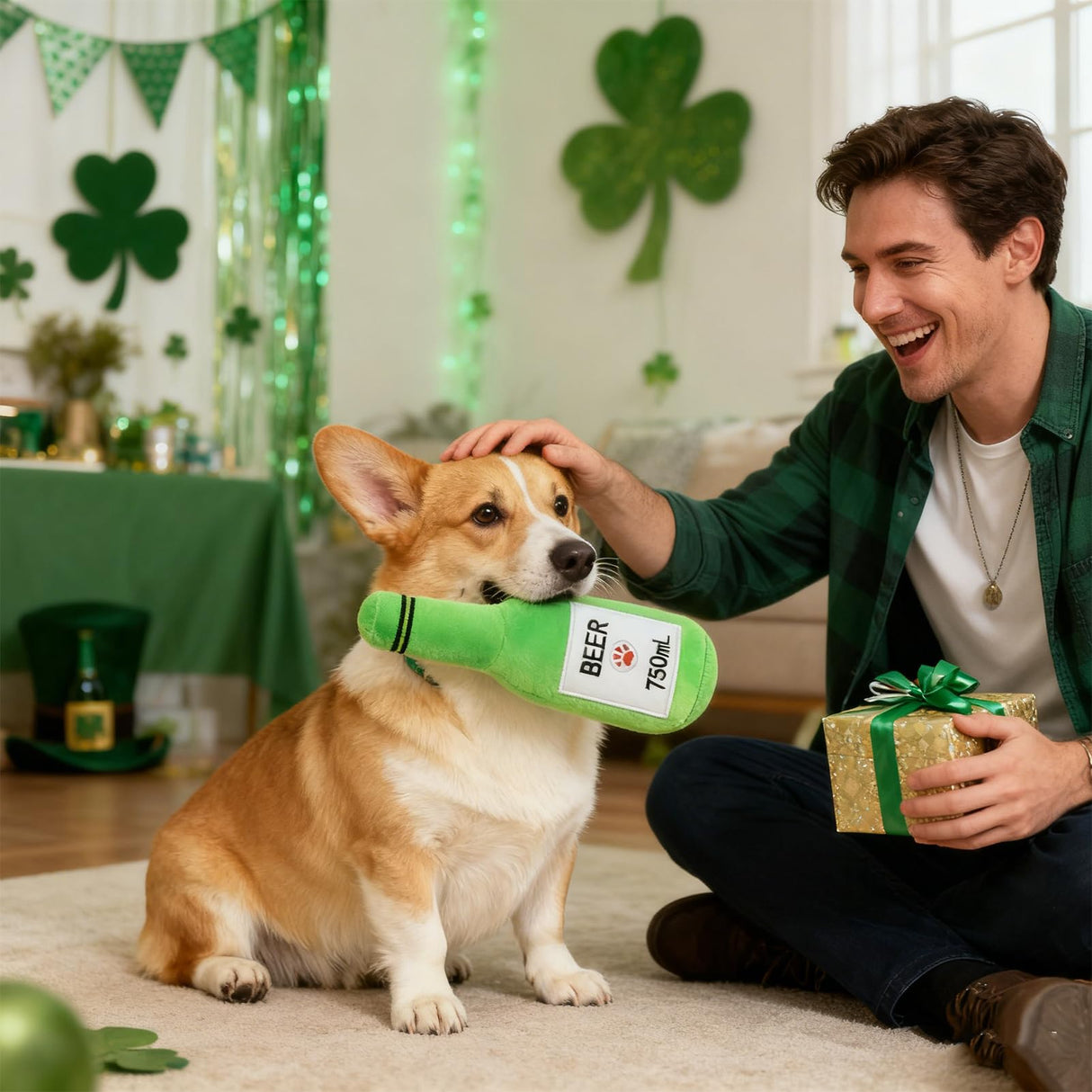 EXPAWLORER Dog St. Patrick's Day Outfit, Adorable St. Patrick's Day Costume Set Including Adjustable Green Shamrock Headband & Beer Plush Toy for Small Medium Pet Holiday Party Dress up