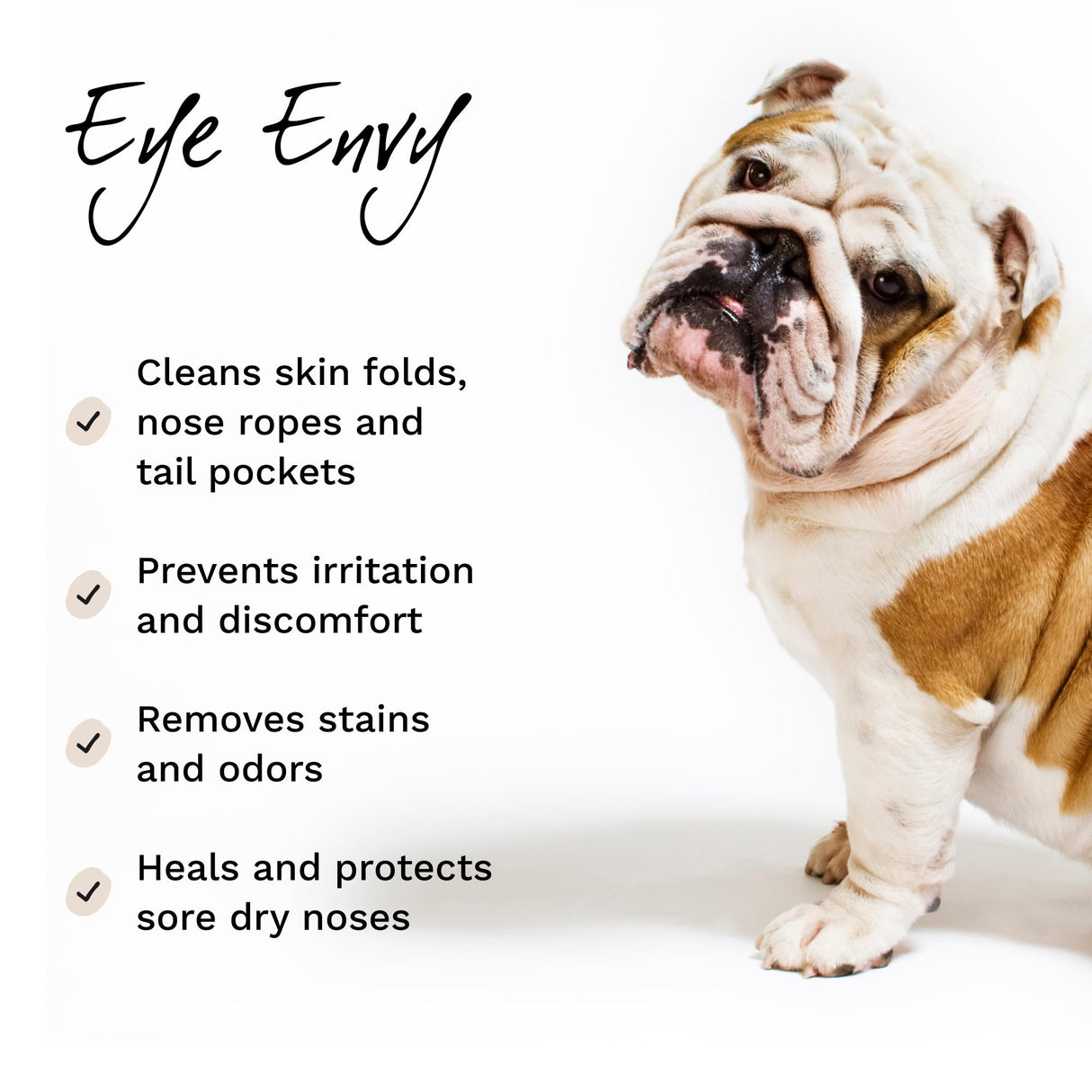 Eye Envy Bulldog Wrinkle Cleaner & Nose Care Kit. Bulldog Wrinkle Wipes, Tear Stain Powder, Applicator Brush & Dog Nose Balm. Cleans Skin Folds. Removes Stains. Helps Cracked Noses. Made in USA