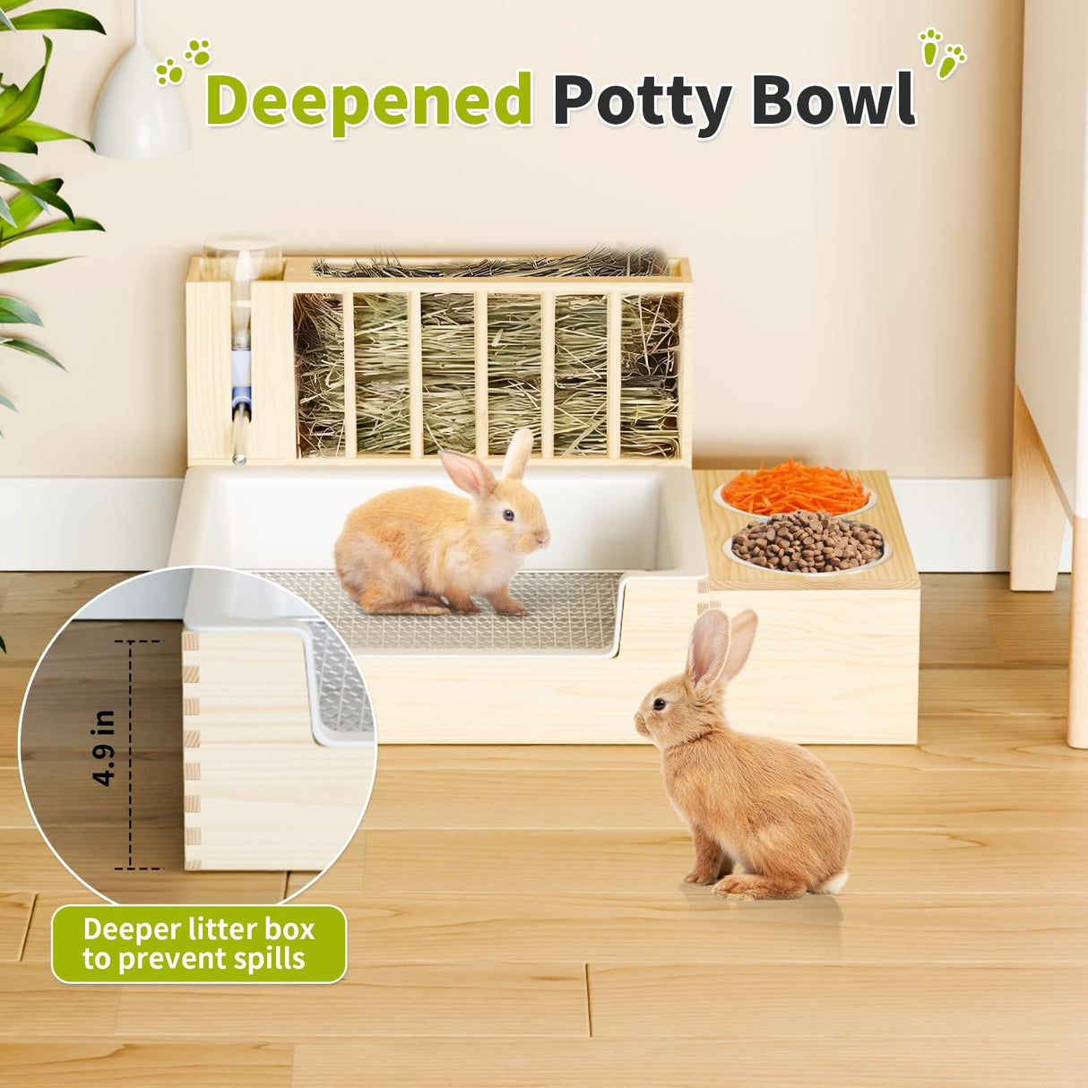 Chloraeon 4-in-1 Waterproof Wooden Rabbit Litter Box with Hay Feeder, 2 Food Bowls, and Water Bottle | Large Capacity, Waste-Preventing Design for Rabbits, Guinea Pigs, Chinchillas, and Small Animals
