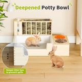 Chloraeon 4-in-1 Waterproof Wooden Rabbit Litter Box with Hay Feeder, 2 Food Bowls, and Water Bottle | Large Capacity, Waste-Preventing Design for Rabbits, Guinea Pigs, Chinchillas, and Small Animals