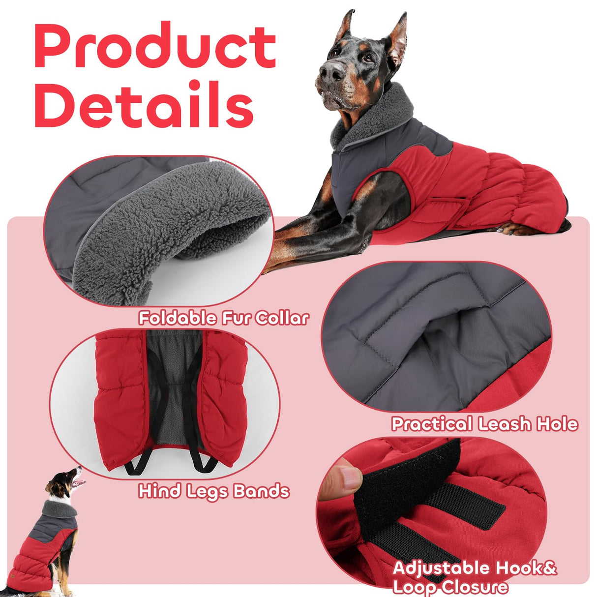 EMUST Dog Winter Coat XL, Thicken Fleece Lining Dog Snow Jacket Vest for Winter with Turtleneck, Adjustable Pet Puffer Jacket Snowsuit for Cold Weather, Red